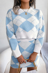 Robe courte deux pièces en maille argyle bicolore avec mini-jupe - Bleu
